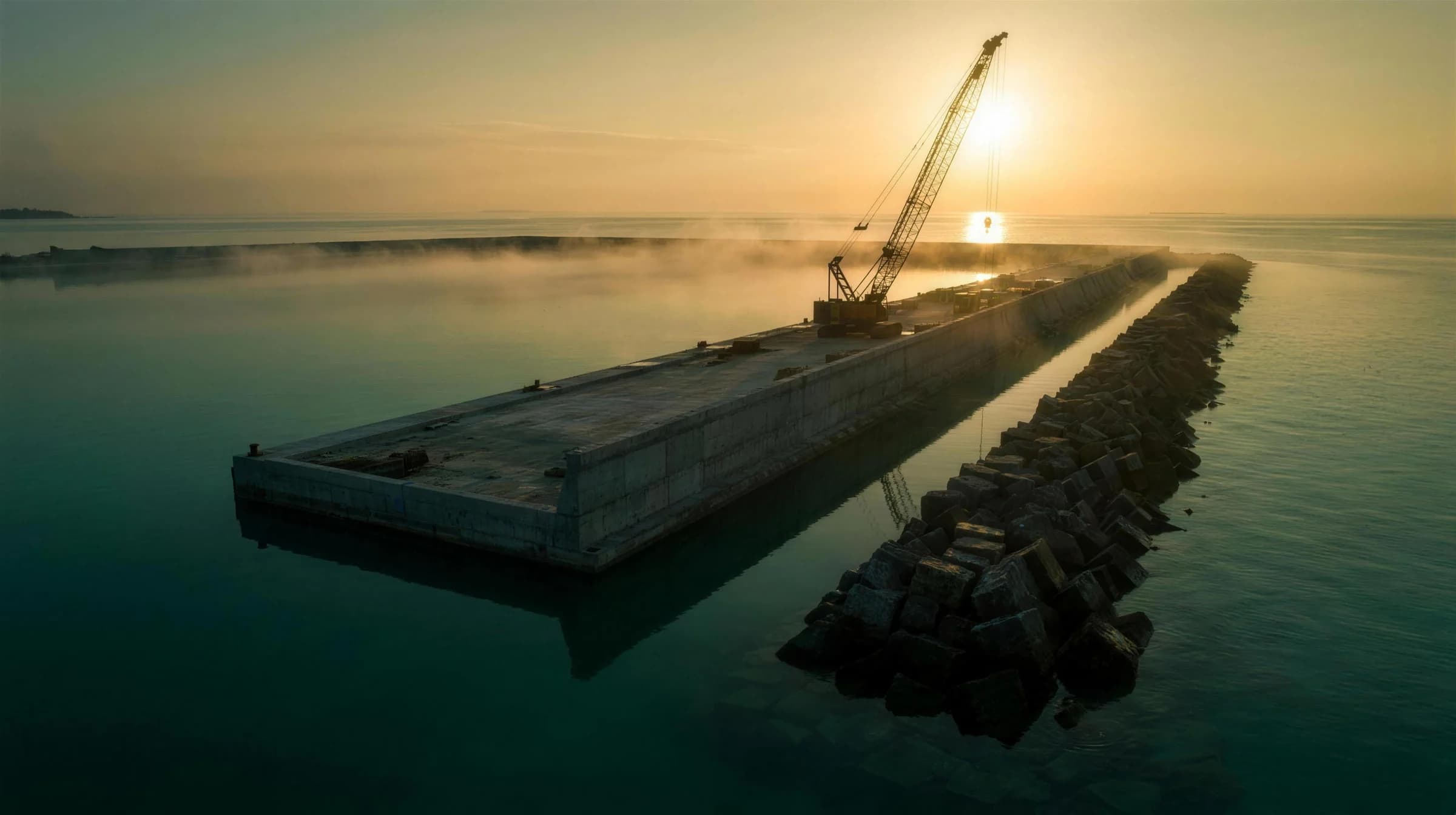 Quay wall and breakwater under construction in a Maldivian lagoon at dawn