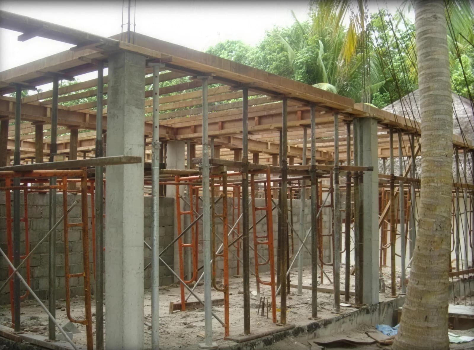 Reinforced concrete frame under construction on a Maldivian resort island